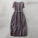 1747352885 womens cotton solid color round neck side pockets dress summer loose lace up dresses.jpg