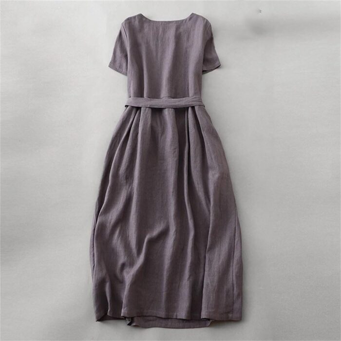 1747352885 womens cotton solid color round neck side pockets dress summer loose lace up dresses.jpg