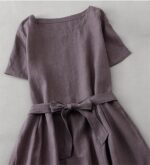 1747352886 womens cotton solid color round neck side pockets dress summer loose lace up dresses.jpg