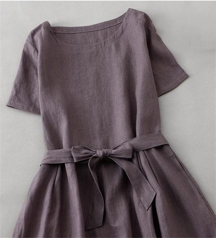 1747352886 womens cotton solid color round neck side pockets dress summer loose lace up dresses.jpg