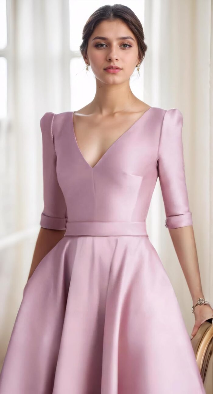 1747404615 a line elegant mother of the bride dress v neck tea length half sleeve wedding guest dress 2025.jpg