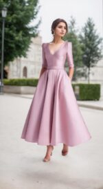 1747404617 a line elegant mother of the bride dress v neck tea length half sleeve wedding guest dress 2025.jpg