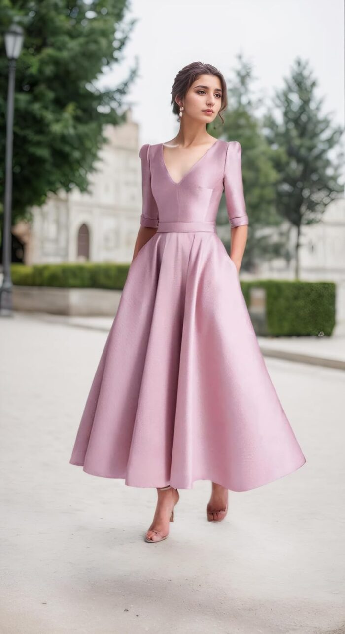1747404617 a line elegant mother of the bride dress v neck tea length half sleeve wedding guest dress 2025.jpg