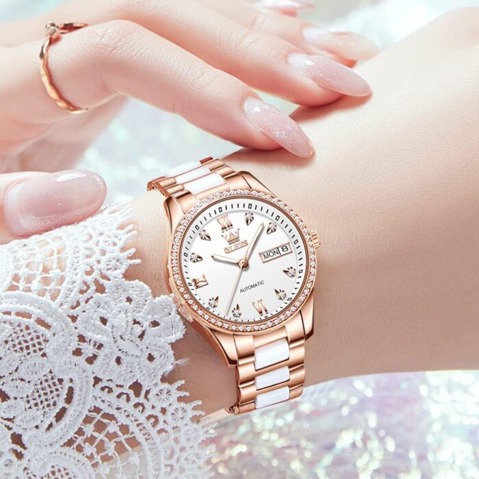 1747429843 olevs rose gold womens watches ceramic stainless steel band automatic mechanical watch waterproof luminous pointer calendar diamonds elegant watches for women redbluewhite dial no battery.jpg