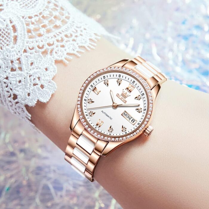 1747429844 olevs rose gold womens watches ceramic stainless steel band automatic mechanical watch waterproof luminous pointer calendar diamonds elegant watches for women redbluewhite dial no battery.jpg