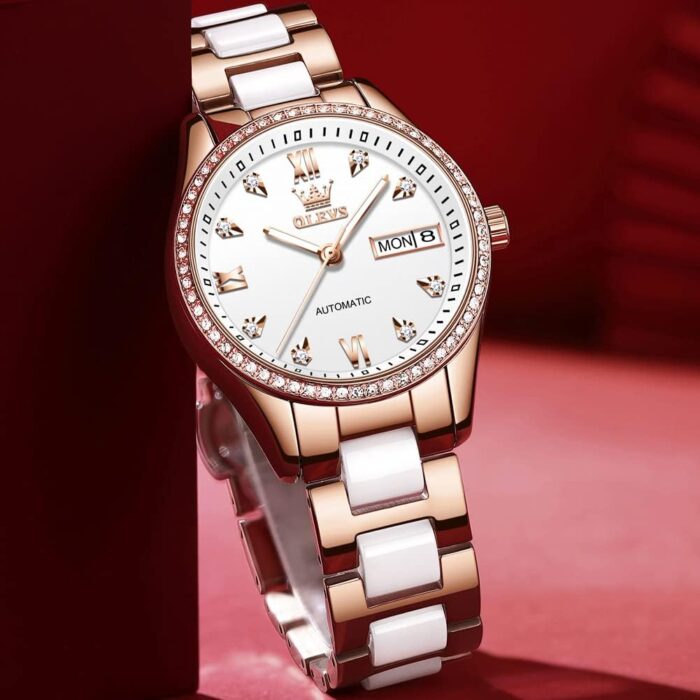 1747429846 olevs rose gold womens watches ceramic stainless steel band automatic mechanical watch waterproof luminous pointer calendar diamonds elegant watches for women redbluewhite dial no battery.jpg