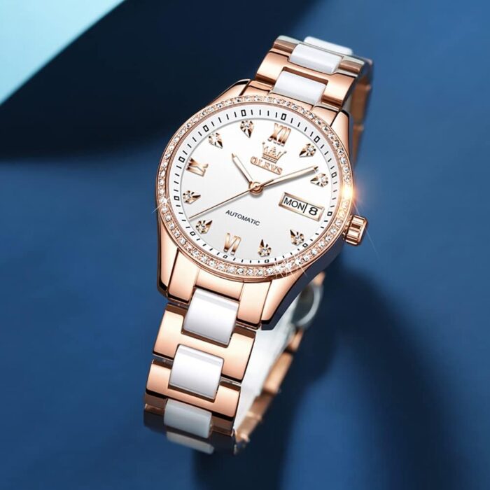 1747429850 olevs rose gold womens watches ceramic stainless steel band automatic mechanical watch waterproof luminous pointer calendar diamonds elegant watches for women redbluewhite dial no battery.jpg