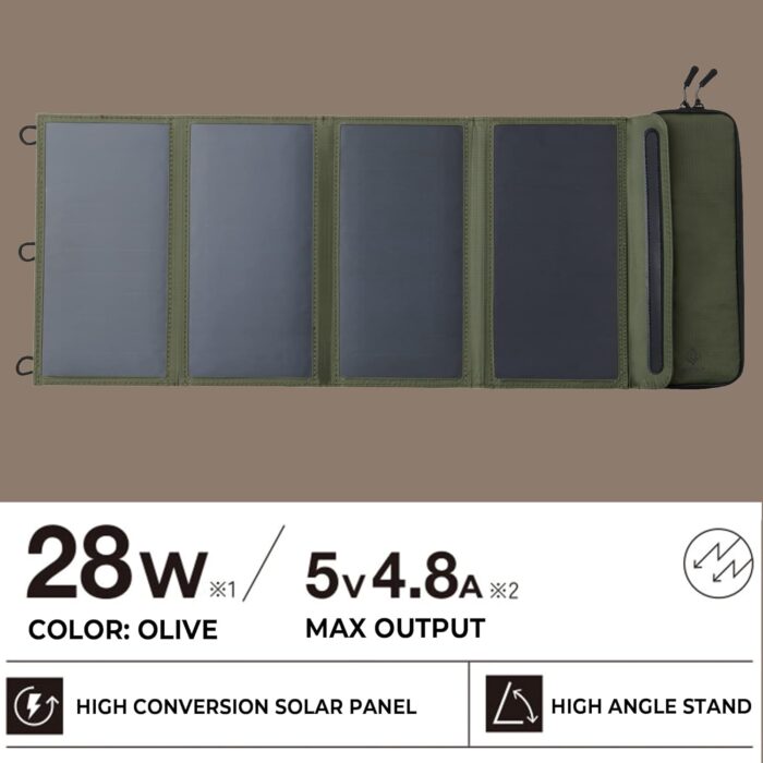 1747491180 elecom nestout portable solar panel dual usb a ports 28w power generation charger for phone camping durable water resistant ripstop nylon foldable lightweight adjustable stands 4 panel.jpg