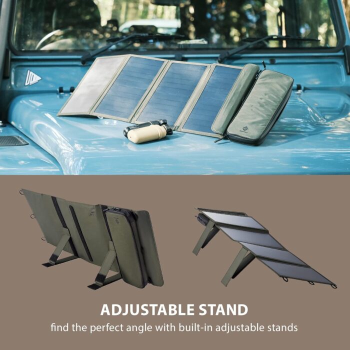 1747491185 elecom nestout portable solar panel dual usb a ports 28w power generation charger for phone camping durable water resistant ripstop nylon foldable lightweight adjustable stands 4 panel.jpg