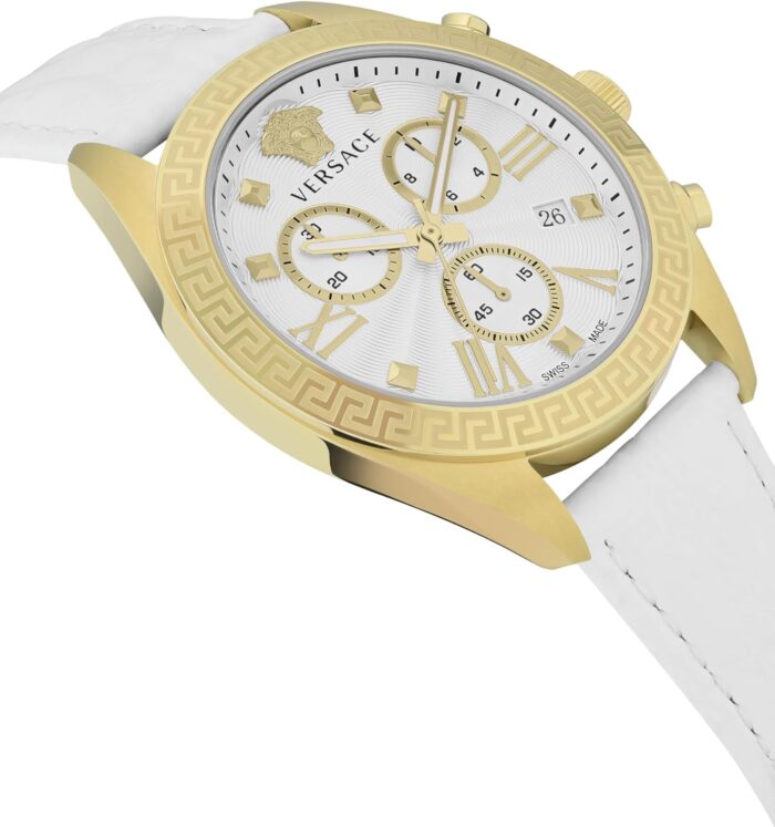 1747544056 versace greca chrono collection luxury womens watch timepieces with a white strap and dial featuring a gold case.jpg