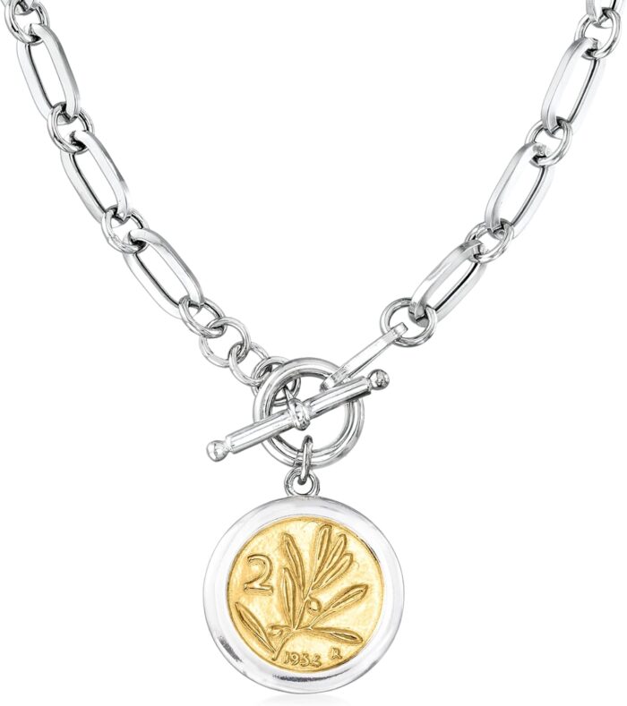 1747566212 ross simons italian sterling silver and 18kt gold over sterling replica bumblebee lira coin paper clip link toggle necklace.jpg