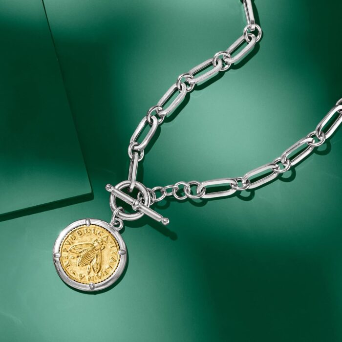 1747566220 ross simons italian sterling silver and 18kt gold over sterling replica bumblebee lira coin paper clip link toggle necklace.jpg