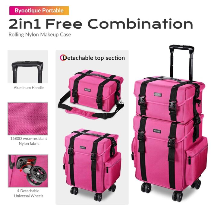 1747630996 byootique 2 in1 soft sided rolling makeup case unseasonable bright cosmetic train case with wheels and removable organizer deep pink.jpg