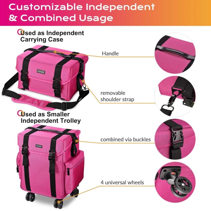 1747630998 byootique 2 in1 soft sided rolling makeup case unseasonable bright cosmetic train case with wheels and removable organizer deep pink.jpg