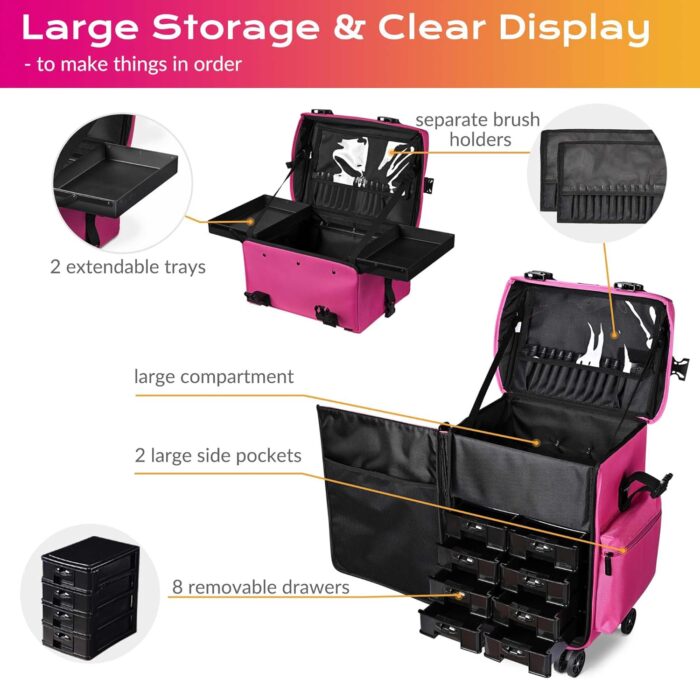 1747630999 byootique 2 in1 soft sided rolling makeup case unseasonable bright cosmetic train case with wheels and removable organizer deep pink.jpg