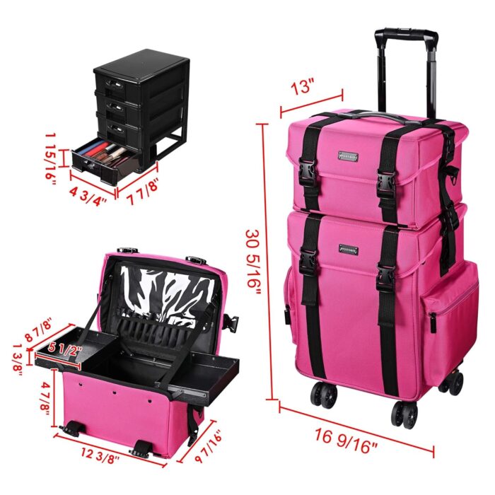 1747631001 byootique 2 in1 soft sided rolling makeup case unseasonable bright cosmetic train case with wheels and removable organizer deep pink.jpg
