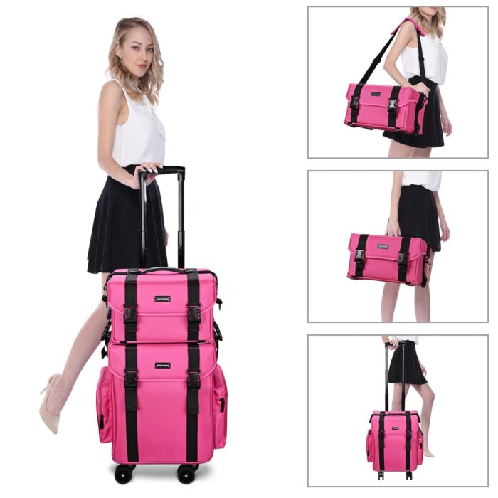 1747631003 byootique 2 in1 soft sided rolling makeup case unseasonable bright cosmetic train case with wheels and removable organizer deep pink.jpg