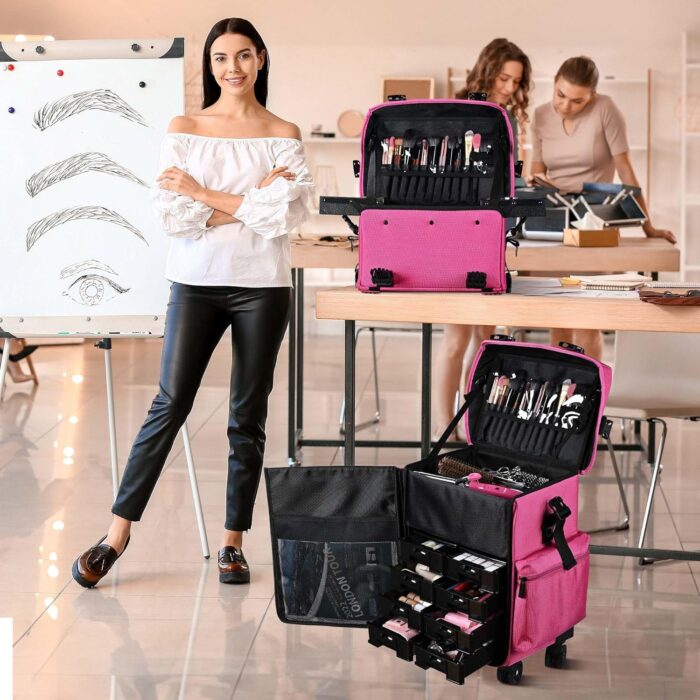 1747631005 byootique 2 in1 soft sided rolling makeup case unseasonable bright cosmetic train case with wheels and removable organizer deep pink.jpg