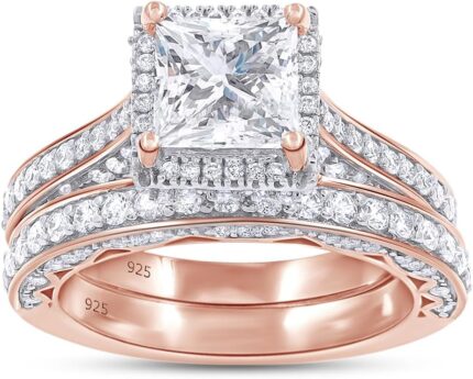 2 cttw princess cut lab created moissanite halo bridal set engagement ring for women in 14k gold plated sterling silver vvs1 clarity 2cttw.jpg