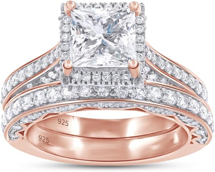 2 cttw princess cut lab created moissanite halo bridal set engagement ring for women in 14k gold plated sterling silver vvs1 clarity 2cttw.jpg