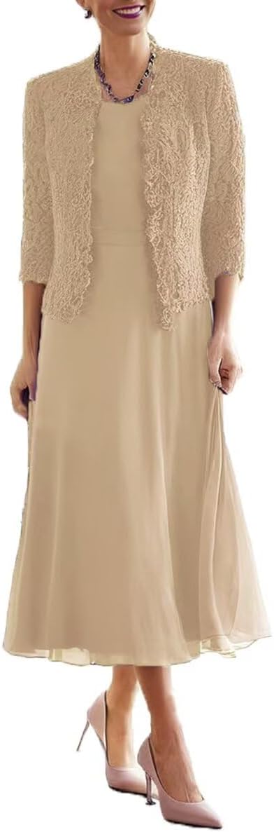 2 pieces mother of bride dress with beadedlace jacket mother of the groom dresses tea length formal evening gowns.jpg