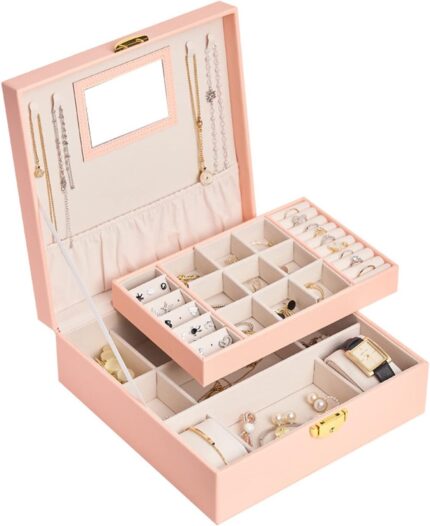 2 tier jewelry box for girls women high end pu leather lockable jewelry organizer with mirror necklaces rings watches display case gift for loved ones color a size 25 25.jpg
