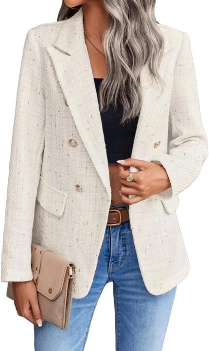 2025 womens spring tweed blazer jacket plaid fully lined fashion business casual lapel elegant coat with pockets.jpg