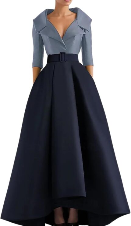 2025 womens summer formal dress colorblock 34 sleeve irregural hem maxi banquet dresses with belt.jpg