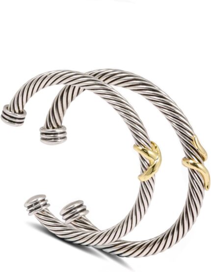 2pcs twisted cable bracelet and chain for women fashion wire cuff bracelet link chain adjustable bangle set designer dupes jewelry gifts for her 2pcs a.jpg