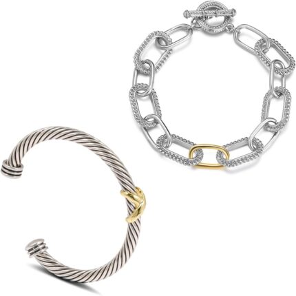 2pcs twisted cable bracelet and chain for women fashion wire cuff bracelet link chain adjustable bangle set designer dupes jewelry gifts for her 2pcs b.jpg