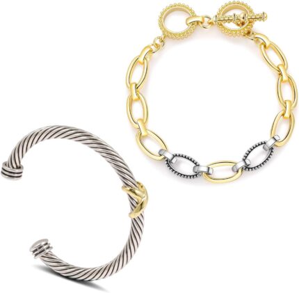 2pcs twisted cable bracelet and chain for women fashion wire cuff bracelet link chain adjustable bangle set designer dupes jewelry gifts for her 2pcs c.jpg