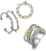 3pcs twisted cable bracelet and chain rings trendy cuff bracelet link rings designer dupes adjustable bangle set jewelry for women gifts for her.jpg
