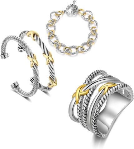 3pcs twisted cable bracelet and chain rings trendy cuff bracelet link rings designer dupes adjustable bangle set jewelry for women gifts for her.jpg