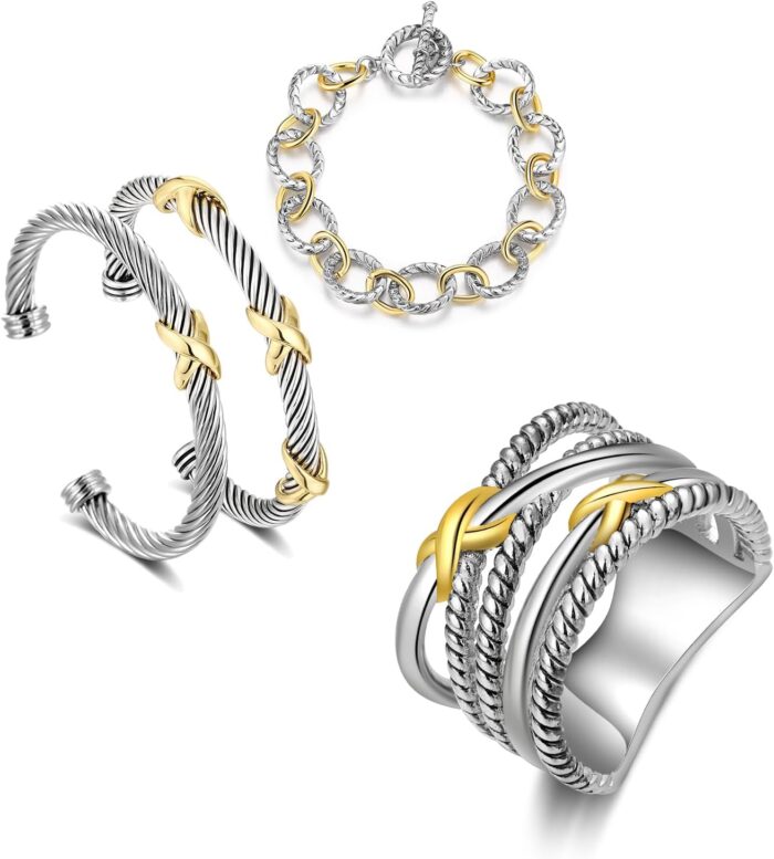3pcs twisted cable bracelet and chain rings trendy cuff bracelet link rings designer dupes adjustable bangle set jewelry for women gifts for her.jpg