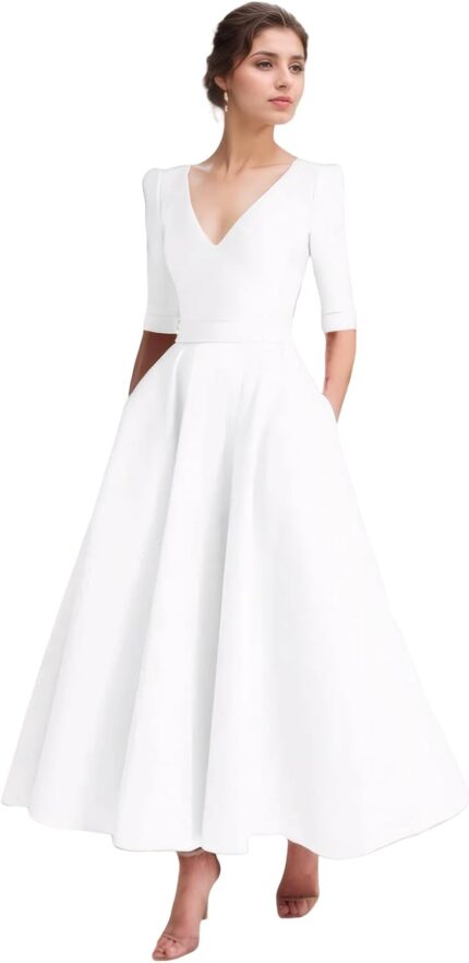 A line elegant mother of the bride dress v neck tea length half sleeve wedding guest dress 2025.jpg