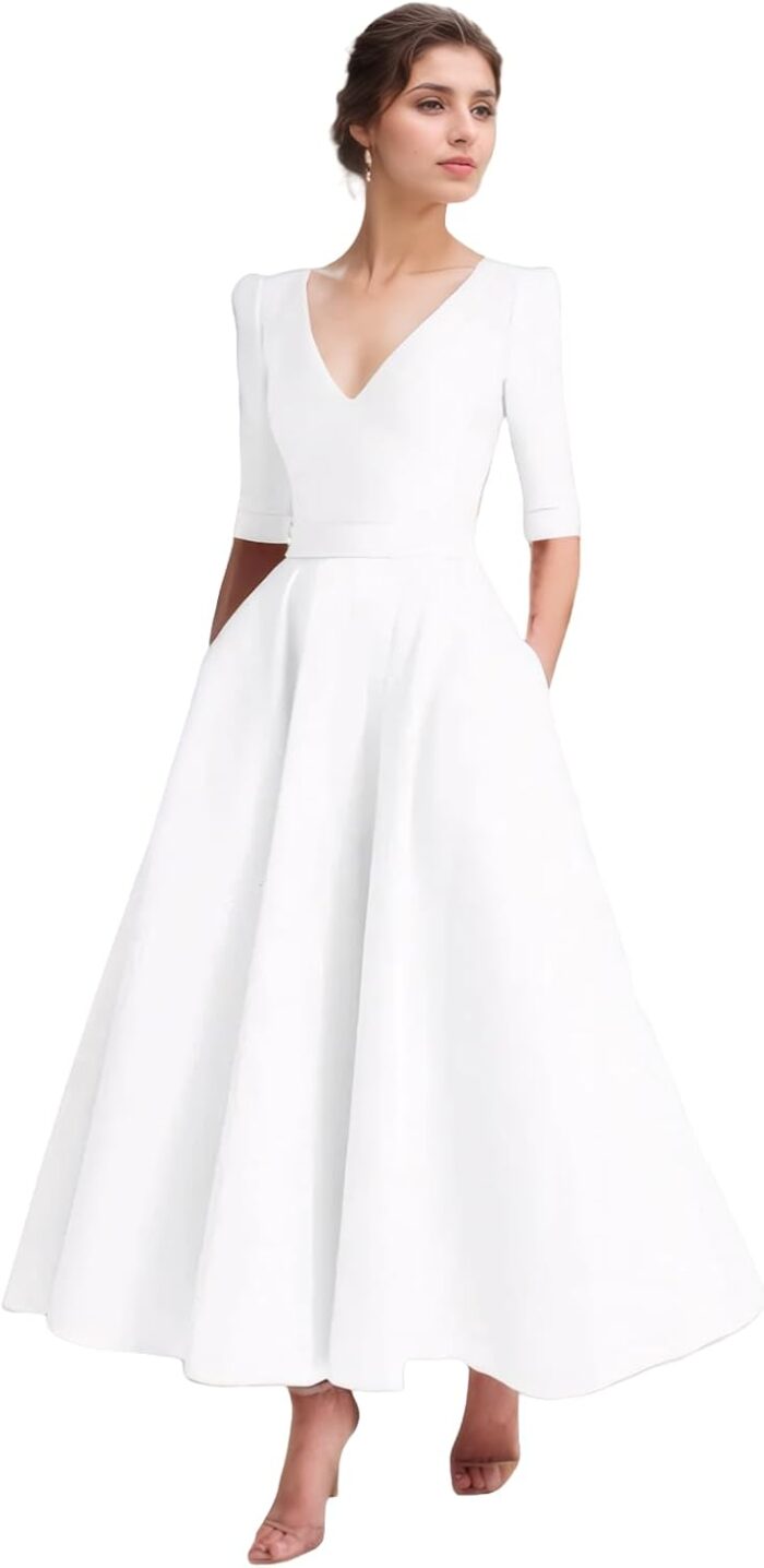 A line elegant mother of the bride dress v neck tea length half sleeve wedding guest dress 2025.jpg