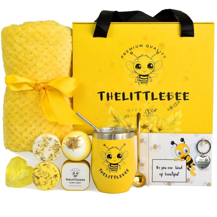 Amind the little bee yellow gift box for women with honey scent candle and soap chamomile bath bomb shower steamers cozy throw blanket yellow tumbler heart key chain greeting card and gift bag.jpg