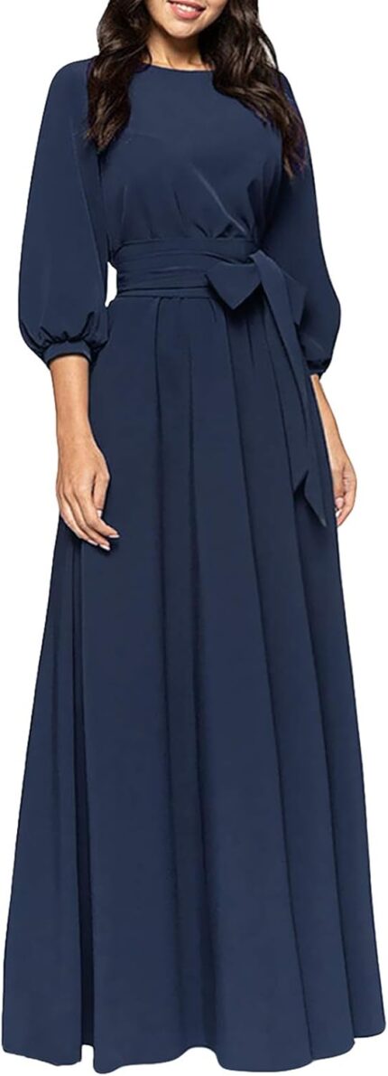 Aooksmery women elegance audrey hepburn style round neck 34 puff sleeve swing maxi dress long belt dresses with pockets.jpg