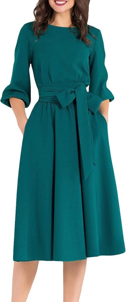 Aooksmery women elegance audrey hepburn style round neck 34 puff sleeve swing midi dress long belt dresses with pockets.jpg