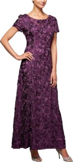 Alex evenings womens long rosette mother of the bride dress with short sleeves wedding guest petite and regular sizes.jpg
