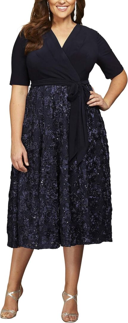 Alex evenings womens plus size tea length dress with rosette detail.jpg