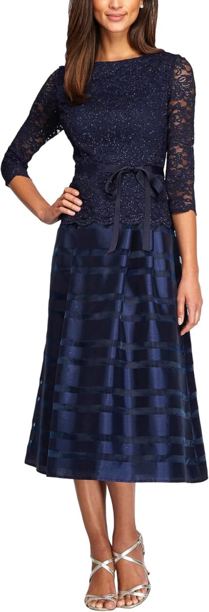 Alex evenings womens tea length a line dress with tie belt.jpg