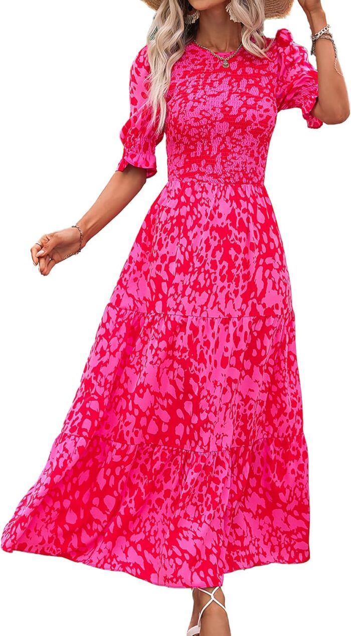 Btfbm women casual summer dresses 2025 spring crew neck ruffle short sleeve floral print smocked boho flowy maxi dress.jpg