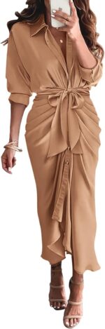 Btfbm women long sleeve satin dress 2025 summer spring lapel v neck button down elegant belted ruched maxi shirt dresses.jpg