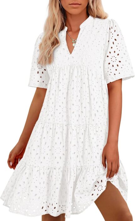 Btfbm womens boho summer dresses 2025 resort v neck short sleeve hollow out lace ruffle casual beach mini vacation dress.jpg