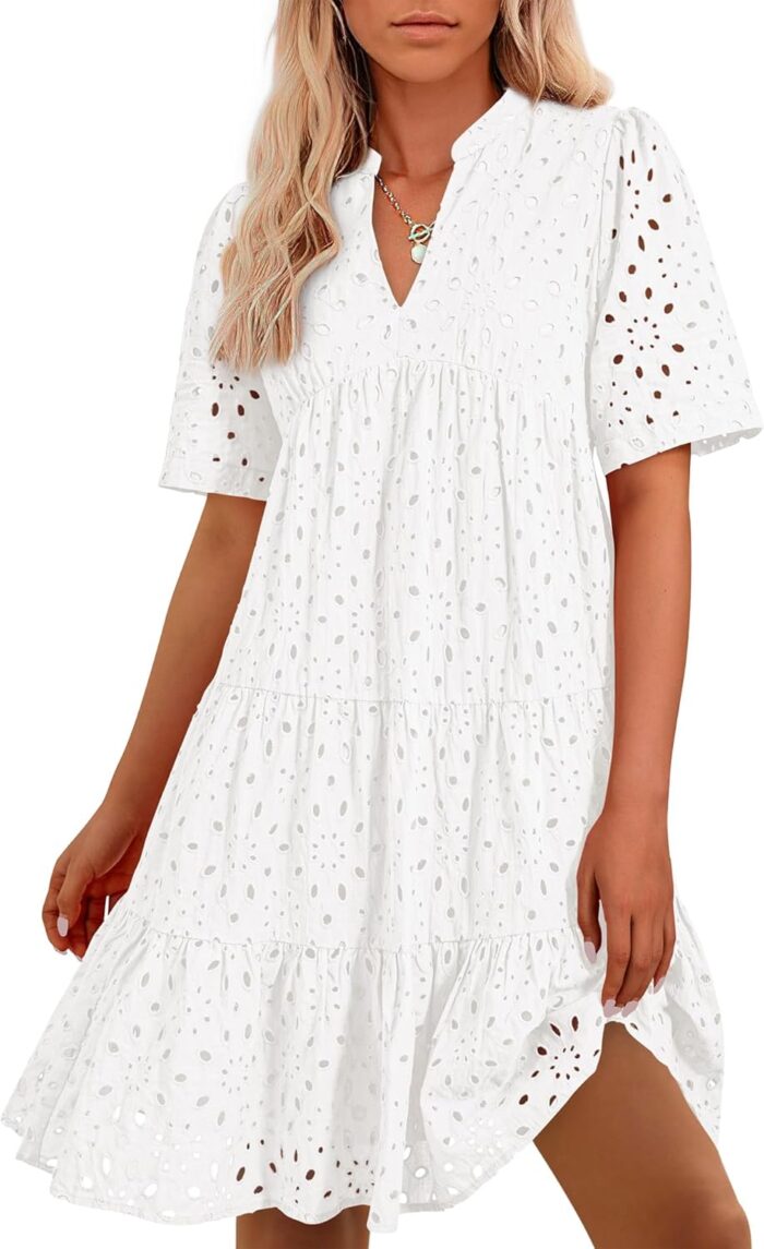 Btfbm womens boho summer dresses 2025 resort v neck short sleeve hollow out lace ruffle casual beach mini vacation dress.jpg