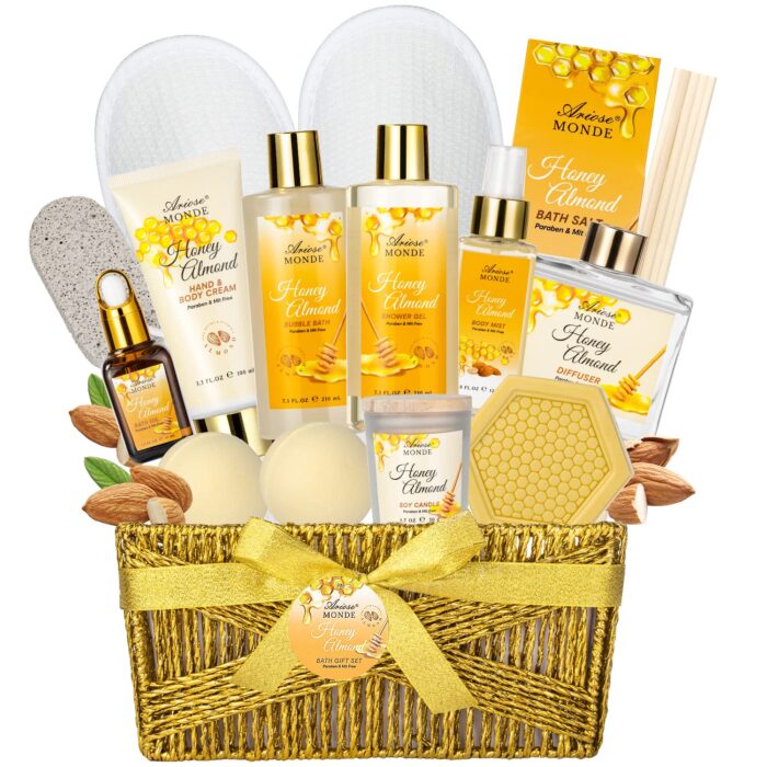 Bath body gift set luxury home spa bath gift basket honey almond scented bath set pamper gifts for women teens 15 pcs relaxing home spa kit with bubble bath bath salts body lotion.jpg