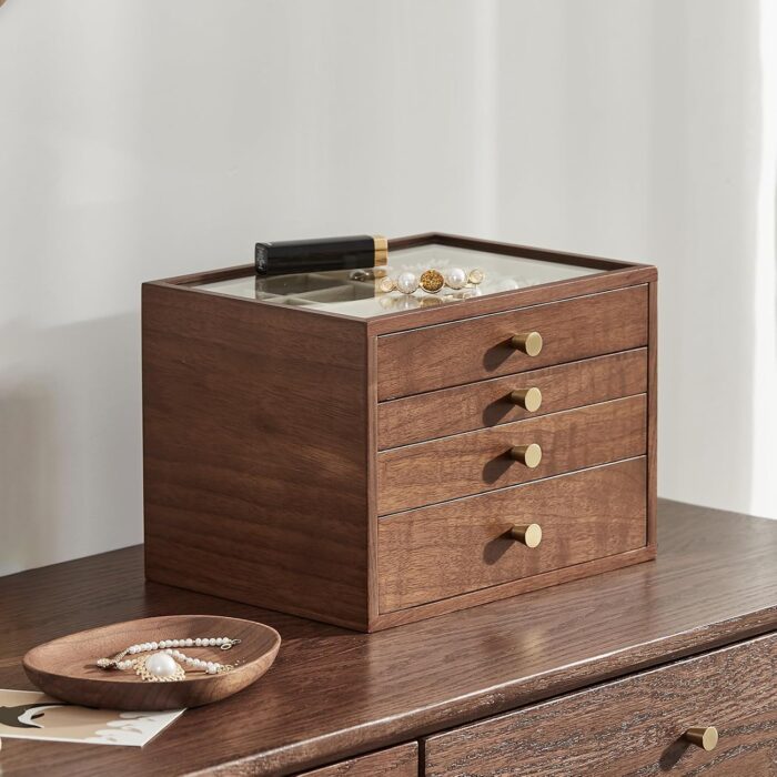 Black walnut wooden jewelry box for women large 4 layer drawer organizer box with glass lid for necklaces watch necklace ring earring storage mothers day gifts.jpg