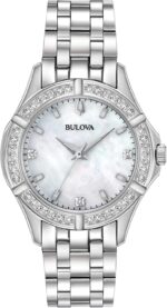 Bulova ladies classic stainless steel 3 hand quartz watch diamond dial and bezel with white mother of pearl dial style 96r233.jpg