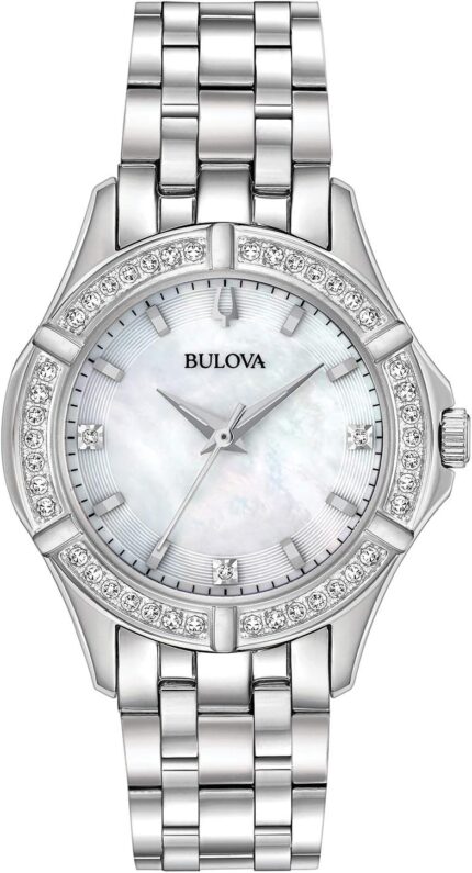 Bulova ladies classic stainless steel 3 hand quartz watch diamond dial and bezel with white mother of pearl dial style 96r233.jpg